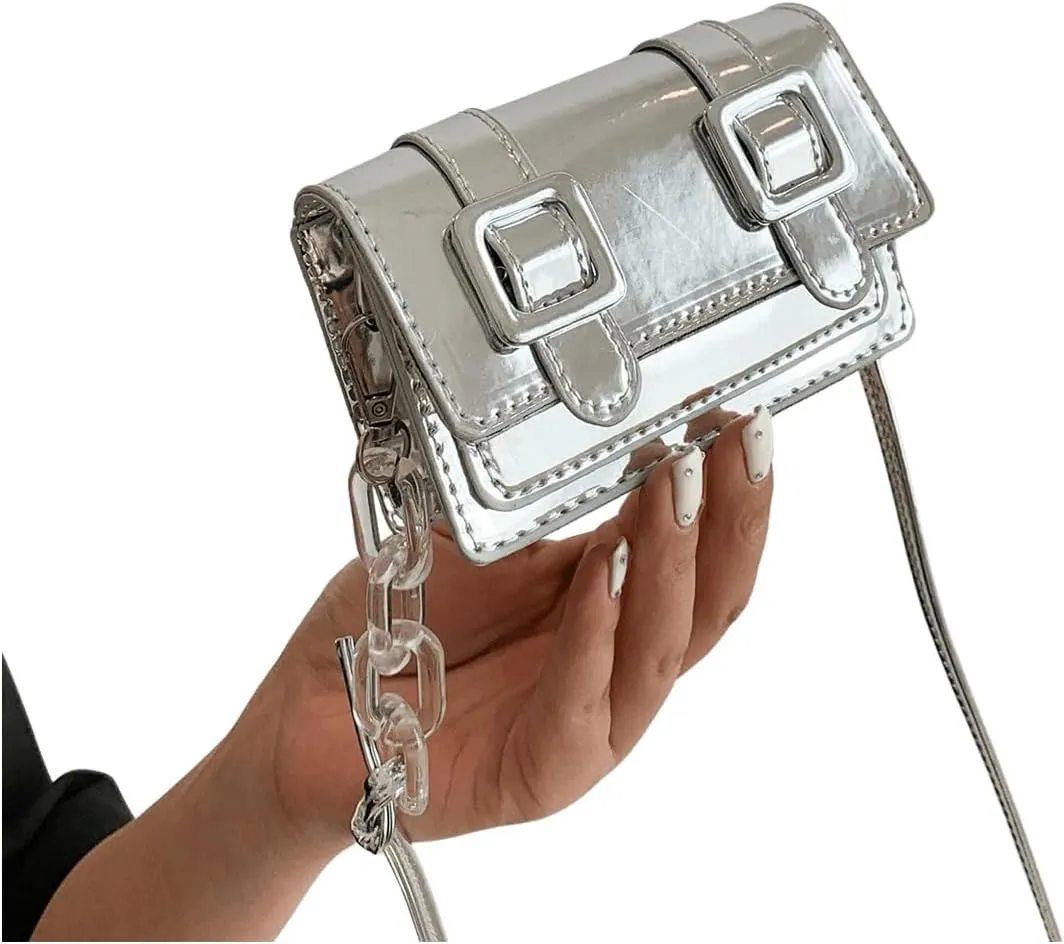 QWINEE Women's Buckle Decor Flap Bag Minimalist Shoulder Handbag Chain Detail Clutch Purse Solid Crossbody Bags