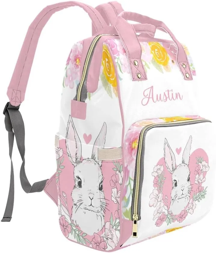 Rabbit and Pink Floral Personalized Diaper Bag Backpack Tote with Name Diaper Backpack Travel Daypack for Mom Dad Baby Bag Gift