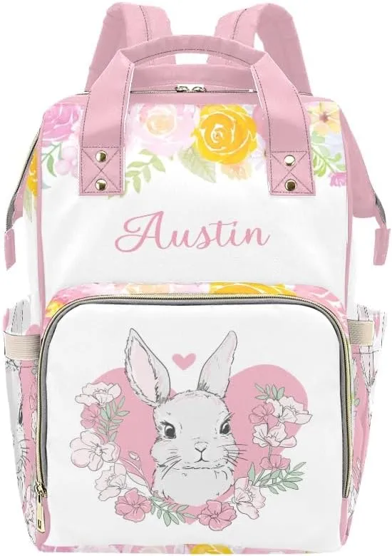 Rabbit and Pink Floral Personalized Diaper Bag Backpack Tote with Name Diaper Backpack Travel Daypack for Mom Dad Baby Bag Gift