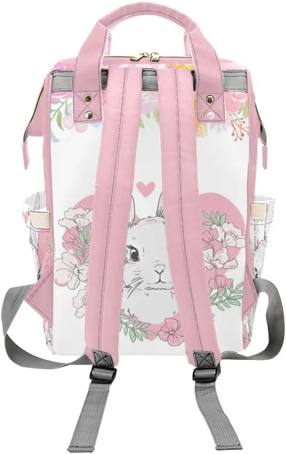 Rabbit and Pink Floral Personalized Diaper Bag Backpack Tote with Name Diaper Backpack Travel Daypack for Mom Dad Baby Bag Gift