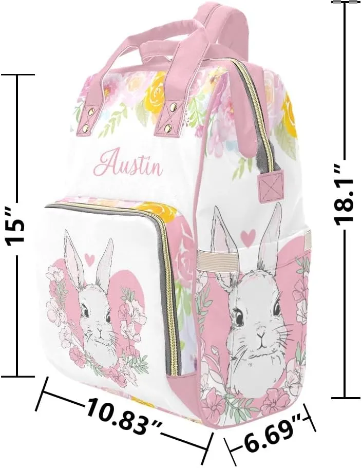 Rabbit and Pink Floral Personalized Diaper Bag Backpack Tote with Name Diaper Backpack Travel Daypack for Mom Dad Baby Bag Gift