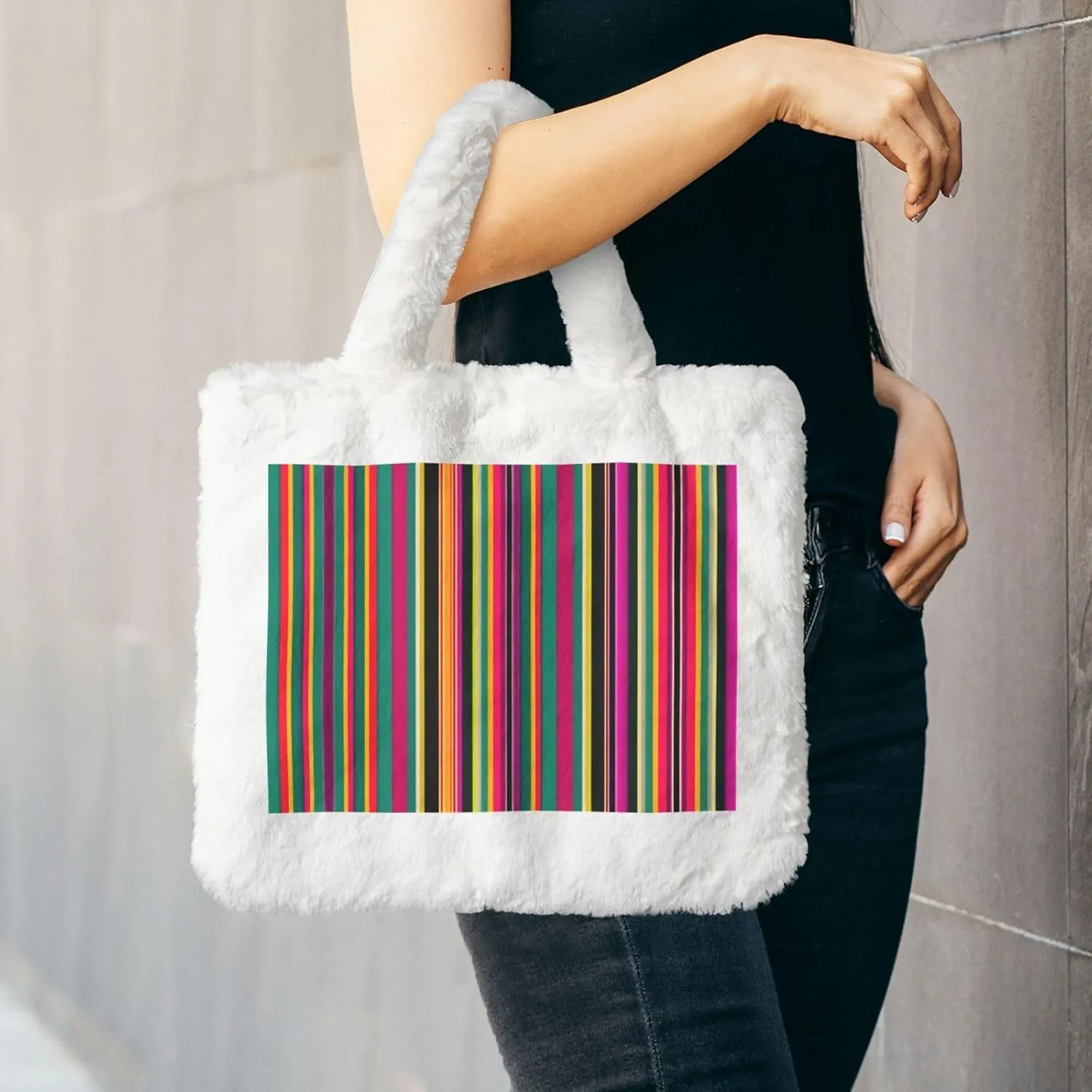 Rainbow Colored Striped Printing Fluffy Shoulder Bag Ladies Plush Underarm Bag Tote Bag Furry Purse Handbag For Work Travel