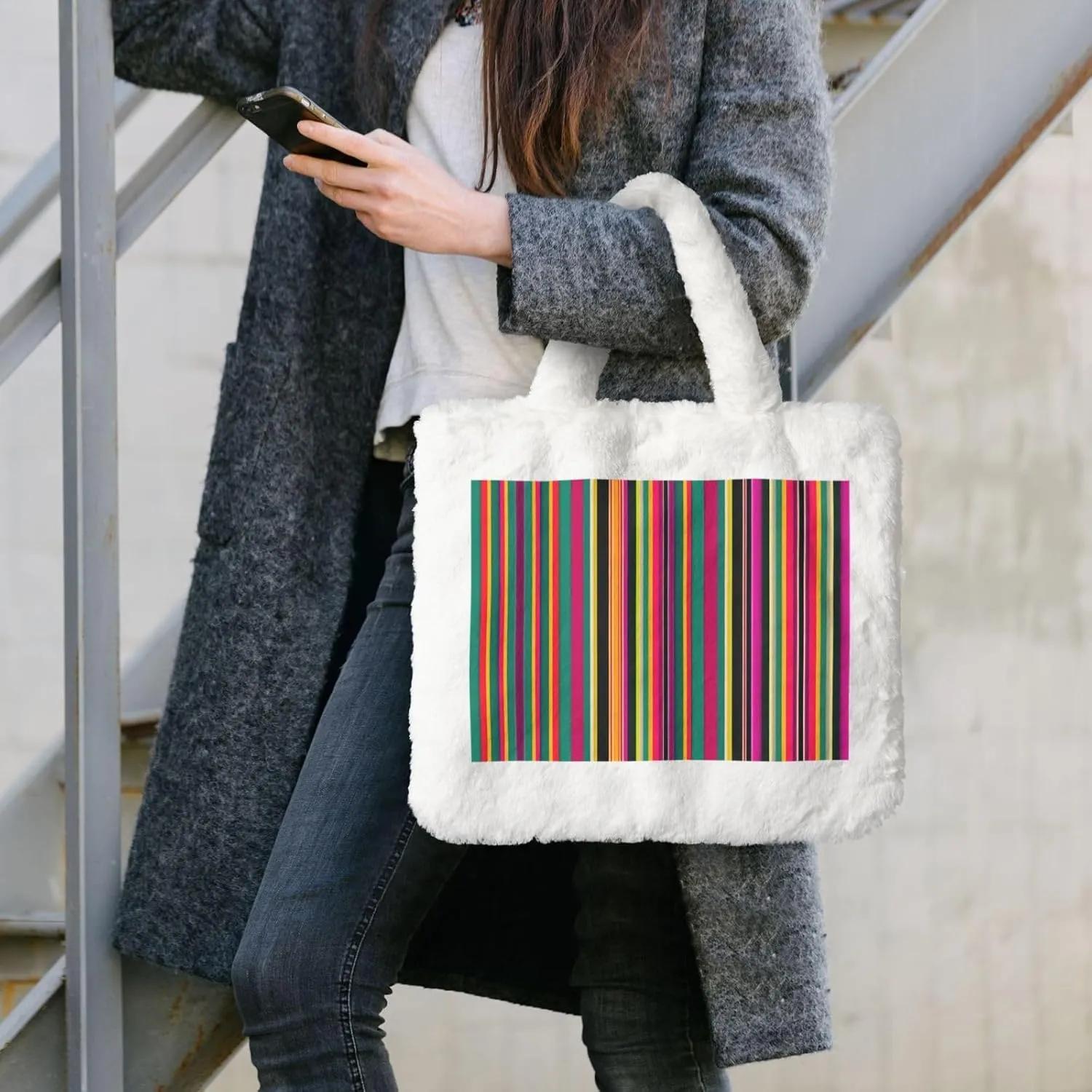 Rainbow Colored Striped Printing Fluffy Shoulder Bag Ladies Plush Underarm Bag Tote Bag Furry Purse Handbag For Work Travel