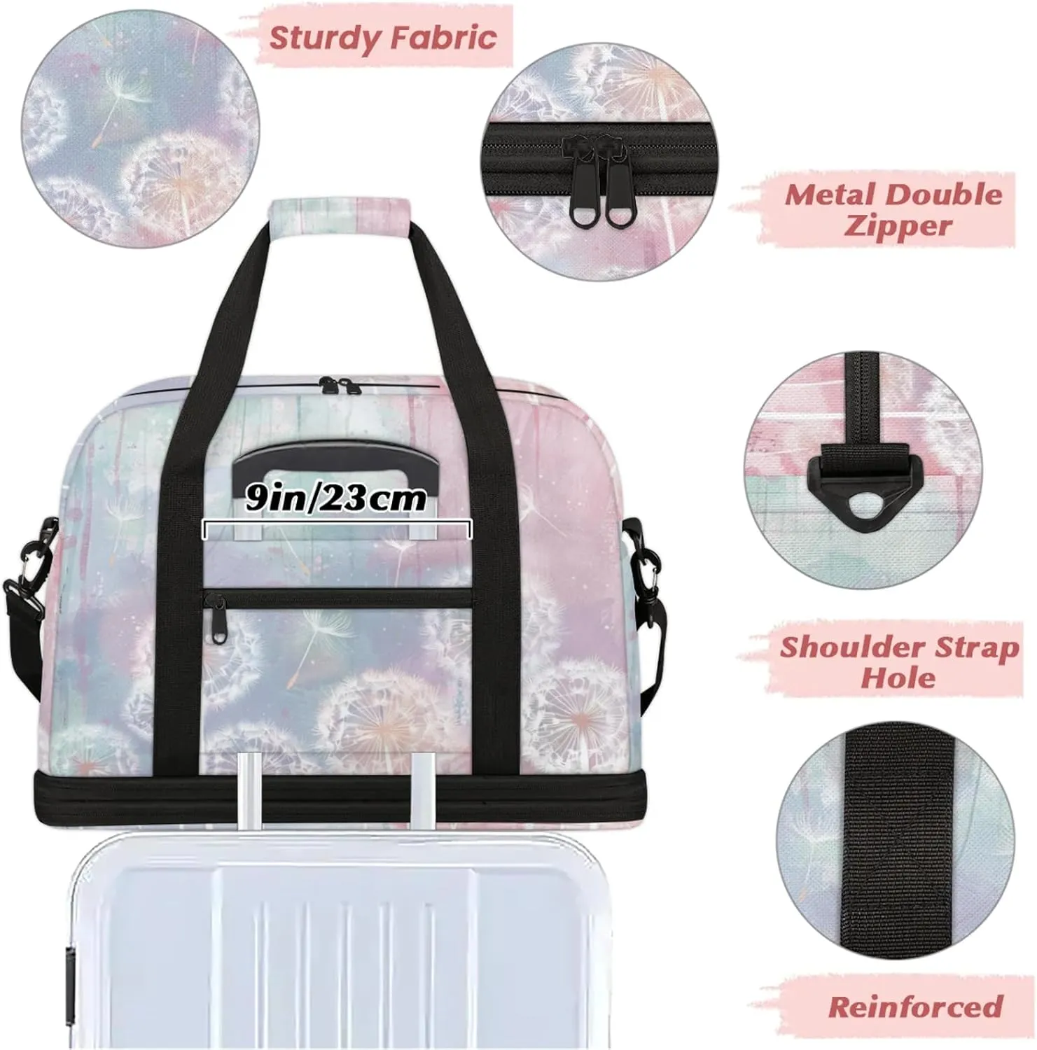 Rainbow Dandelion Beautiful Travel Duffel Bags for Women & Men Large Sports Gym Bags Foldie Weekender Overnight Bag Carry On Tote Bag With Shoe Compartment Personal Item Luggage for Travel Sports Gym