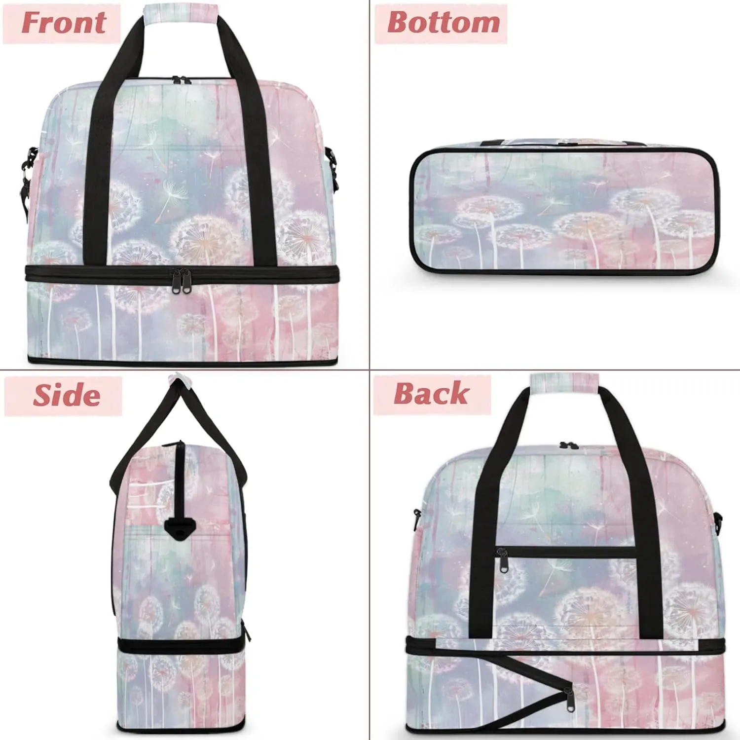 Rainbow Dandelion Beautiful Travel Duffel Bags for Women & Men Large Sports Gym Bags Foldie Weekender Overnight Bag Carry On Tote Bag With Shoe Compartment Personal Item Luggage for Travel Sports Gym