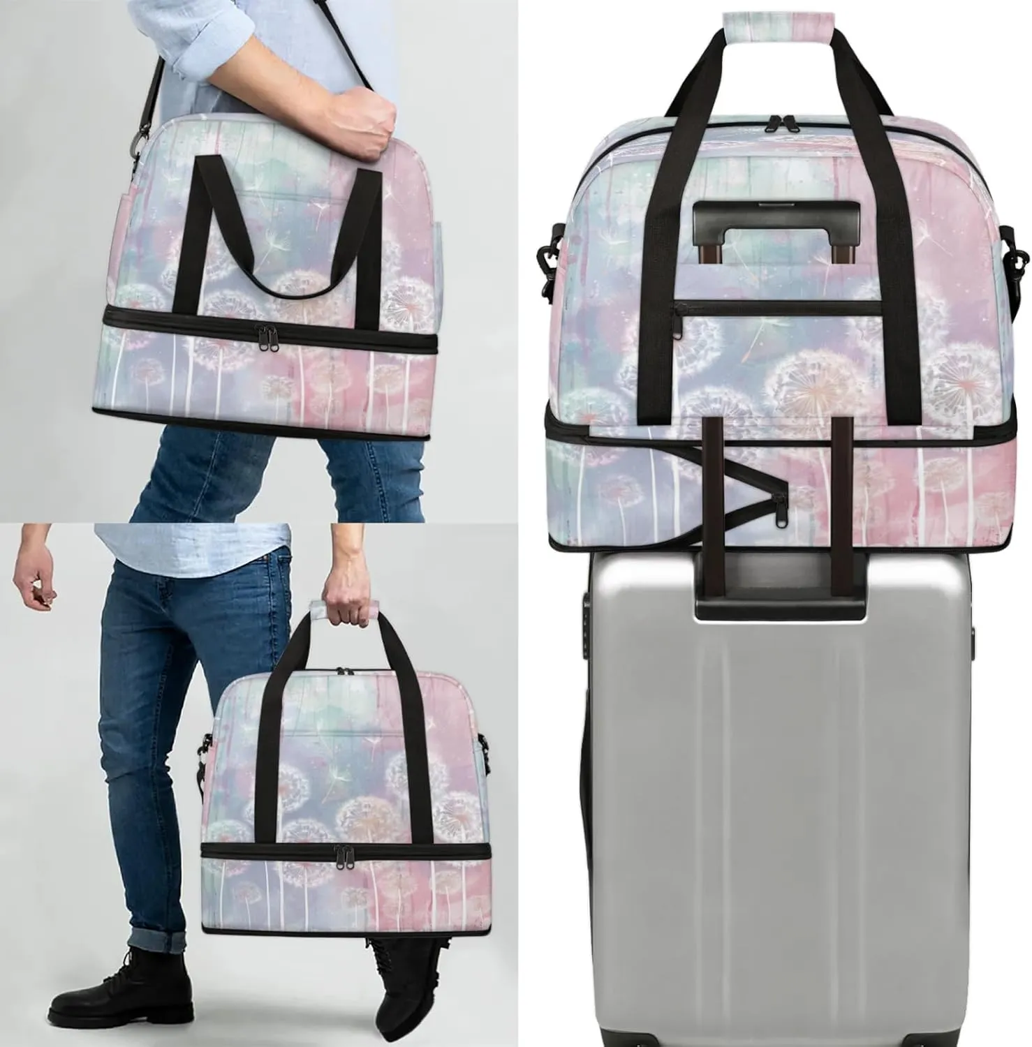Rainbow Dandelion Beautiful Travel Duffel Bags for Women & Men Large Sports Gym Bags Foldie Weekender Overnight Bag Carry On Tote Bag With Shoe Compartment Personal Item Luggage for Travel Sports Gym