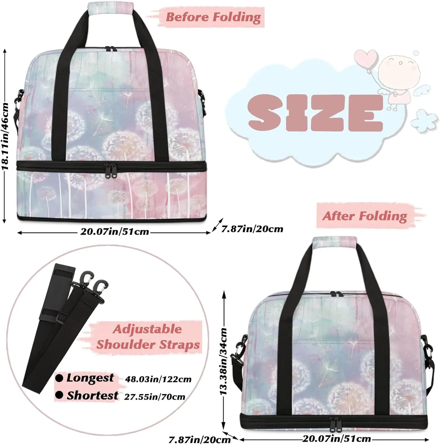 Rainbow Dandelion Beautiful Travel Duffel Bags for Women & Men Large Sports Gym Bags Foldie Weekender Overnight Bag Carry On Tote Bag With Shoe Compartment Personal Item Luggage for Travel Sports Gym