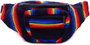 Rainbow Multicolored Woven Striped Pattern Lightweight Fanny Pack Waist Bag - Handmade Belt Pouch Boho Travel Accessories (Black-Stripes)