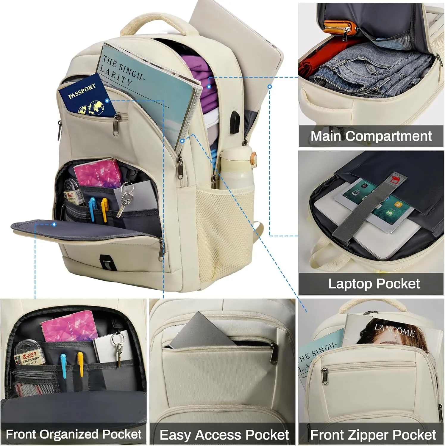 RAINSMORE Laptop Backpack 17 Inch Large Travel Backpack for Women Waterproof Computer Backpack Work College Bookbag TSA Friendly with USB Port, Beige