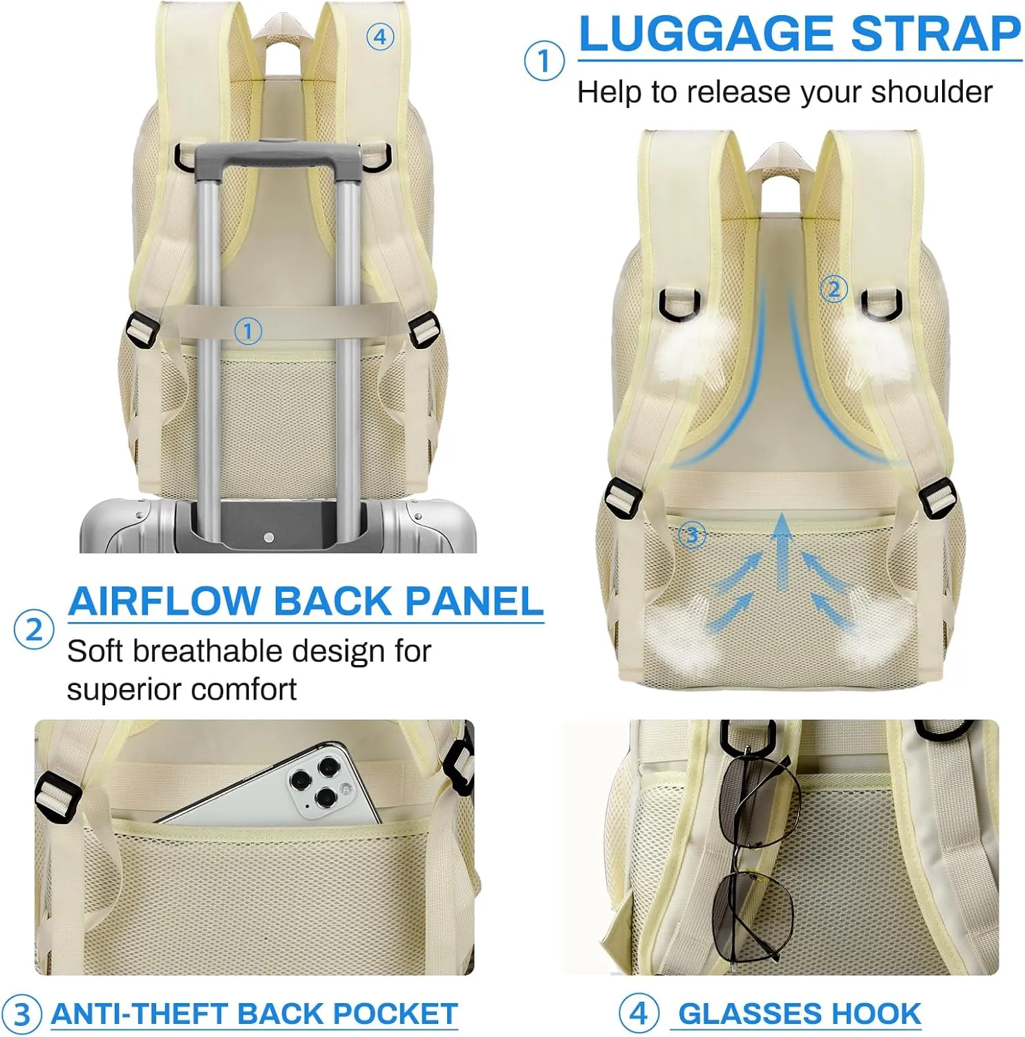 RAINSMORE Laptop Backpack 17 Inch Large Travel Backpack for Women Waterproof Computer Backpack Work College Bookbag TSA Friendly with USB Port, Beige