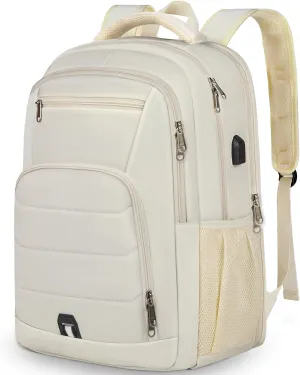 RAINSMORE Laptop Backpack 17 Inch Large Travel Backpack for Women Waterproof Computer Backpack Work College Bookbag TSA Friendly with USB Port, Beige
