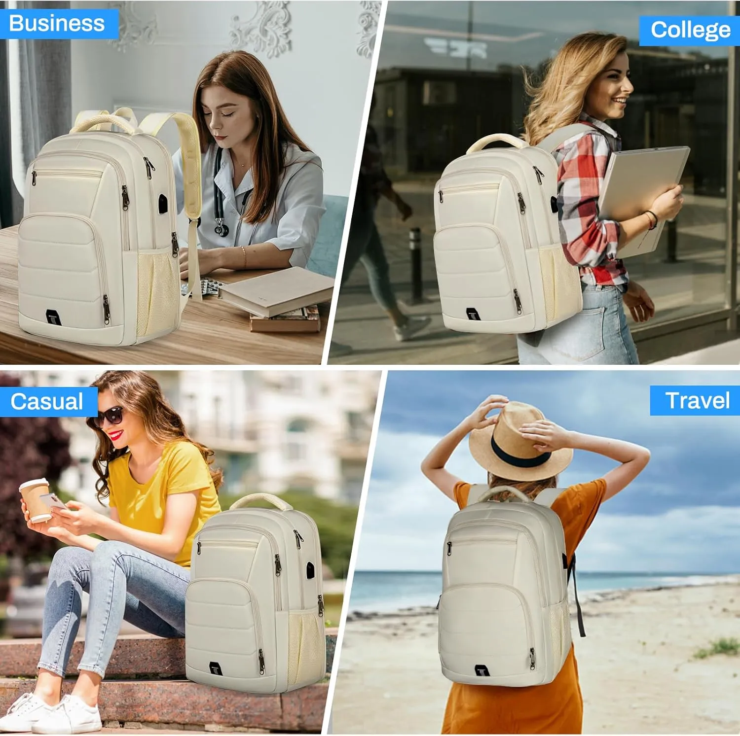 RAINSMORE Laptop Backpack 17 Inch Large Travel Backpack for Women Waterproof Computer Backpack Work College Bookbag TSA Friendly with USB Port, Beige