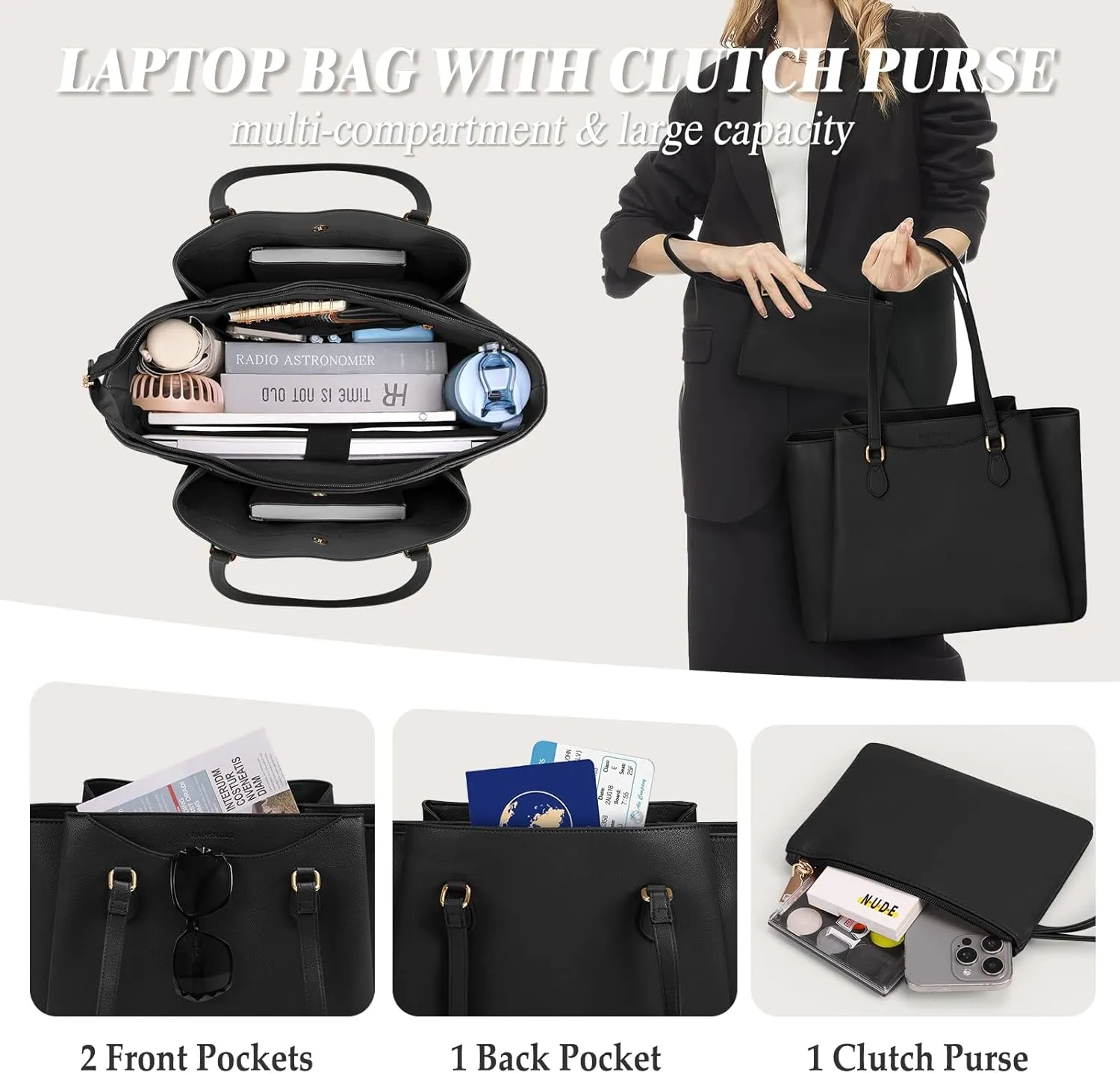 RAINSMORE Laptop Bag for Women 15.6 Inch Work Tote Bags Waterproof Computer Bags Leather Professional Laptop Purse Womens Laptop Briefcase Large Handbag for Office Teacher Travel, Black