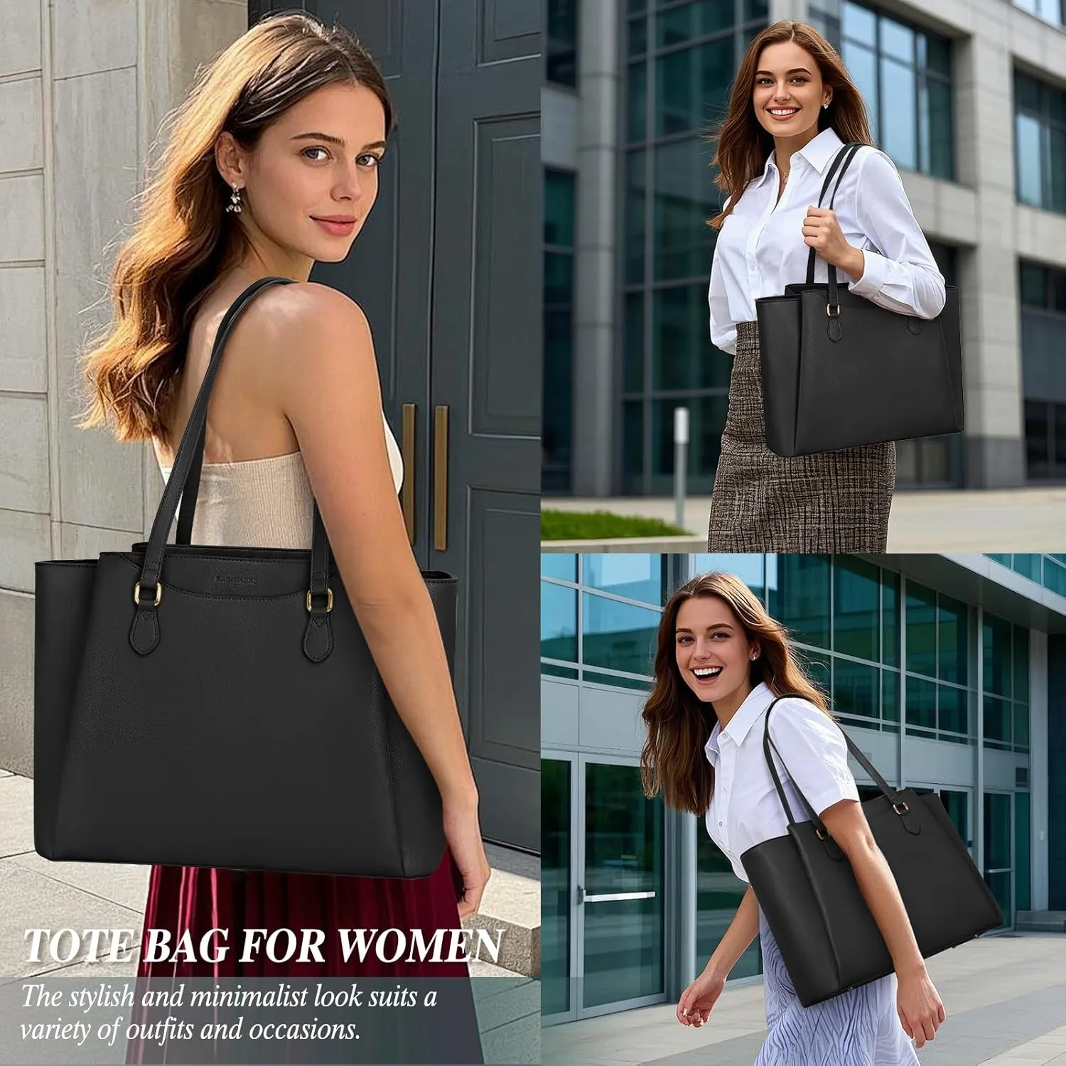 RAINSMORE Laptop Bag for Women 15.6 Inch Work Tote Bags Waterproof Computer Bags Leather Professional Laptop Purse Womens Laptop Briefcase Large Handbag for Office Teacher Travel, Black