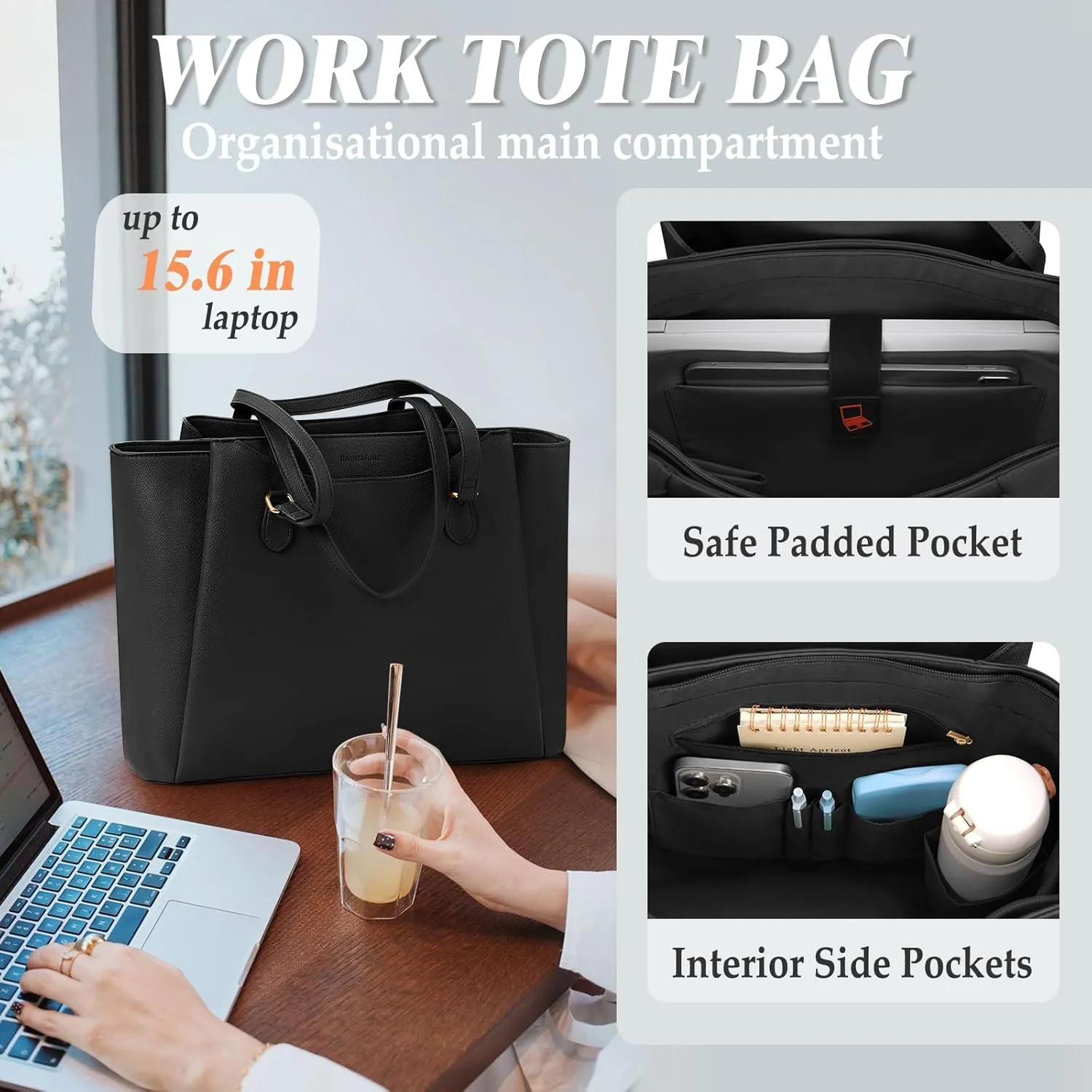 RAINSMORE Laptop Bag for Women 15.6 Inch Work Tote Bags Waterproof Computer Bags Leather Professional Laptop Purse Womens Laptop Briefcase Large Handbag for Office Teacher Travel, Black