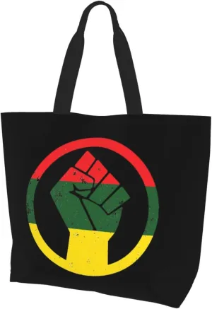 Rasta Black Power Fist Women'S Large Capacity Shoulder Shopping Bag, Reusable Handbag, Gift Bag