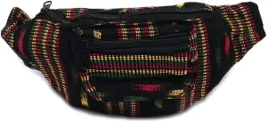 Rasta Multicolored Woven Striped Pattern Lightweight Fanny Pack Waist Bag - Handmade Belt Pouch Boho Travel Accessories (Blk Stitch Stripes)