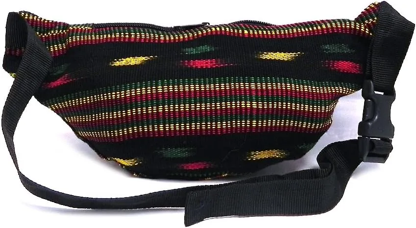 Rasta Multicolored Woven Striped Pattern Lightweight Fanny Pack Waist Bag - Handmade Belt Pouch Boho Travel Accessories (Blk Stitch Stripes)