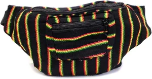 Rasta Multicolored Woven Striped Pattern Lightweight Fanny Pack Waist Bag - Handmade Belt Pouch Boho Travel Accessories (Blk Thin Stripes)