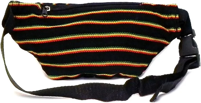 Rasta Multicolored Woven Striped Pattern Lightweight Fanny Pack Waist Bag - Handmade Belt Pouch Boho Travel Accessories (Blk Thin Stripes)