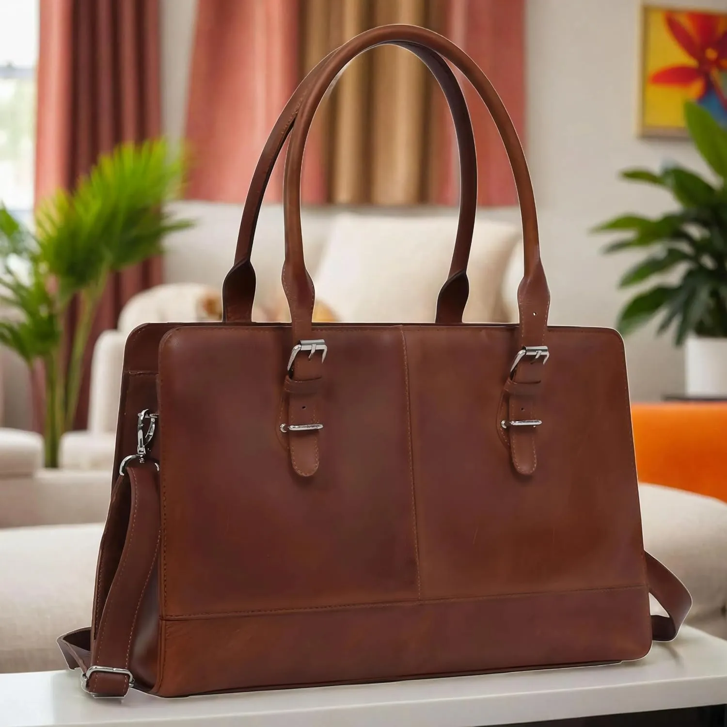 Real Leather 14 inch Laptop Tote Bag for Women - Professional Ladies Leather Work Bag Purse With Compartments