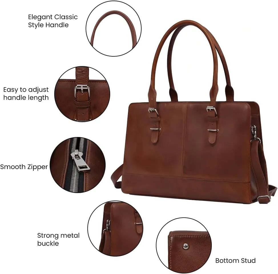 Real Leather 14 inch Laptop Tote Bag for Women - Professional Ladies Leather Work Bag Purse With Compartments