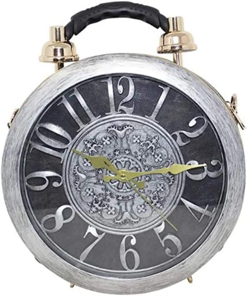 Real Working Clock Shoulderbags Ladies Vintage Clutch Bag Steampunk Style Handbag (Gray)