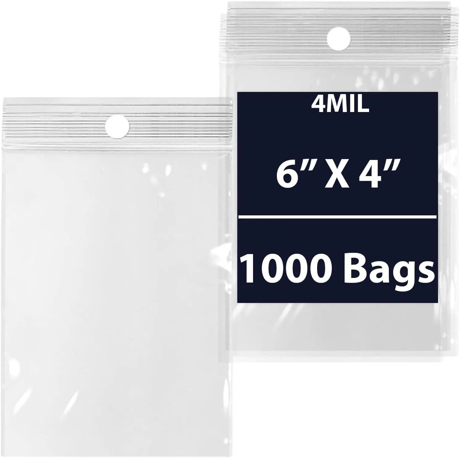 Reclosable Hang Hole Zip Poly Bags, 4Mil 6" X 4" & 1000 Bags | LDPE Material, Clear Plastic with Resealable Lock Seal Zipper | Resealable Zip Top Lock For Travel, Storage, Packaging & Shipping
