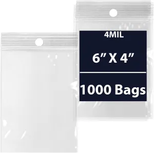 Reclosable Hang Hole Zip Poly Bags, 4Mil 6" X 4" & 1000 Bags | LDPE Material, Clear Plastic with Resealable Lock Seal Zipper | Resealable Zip Top Lock For Travel, Storage, Packaging & Shipping