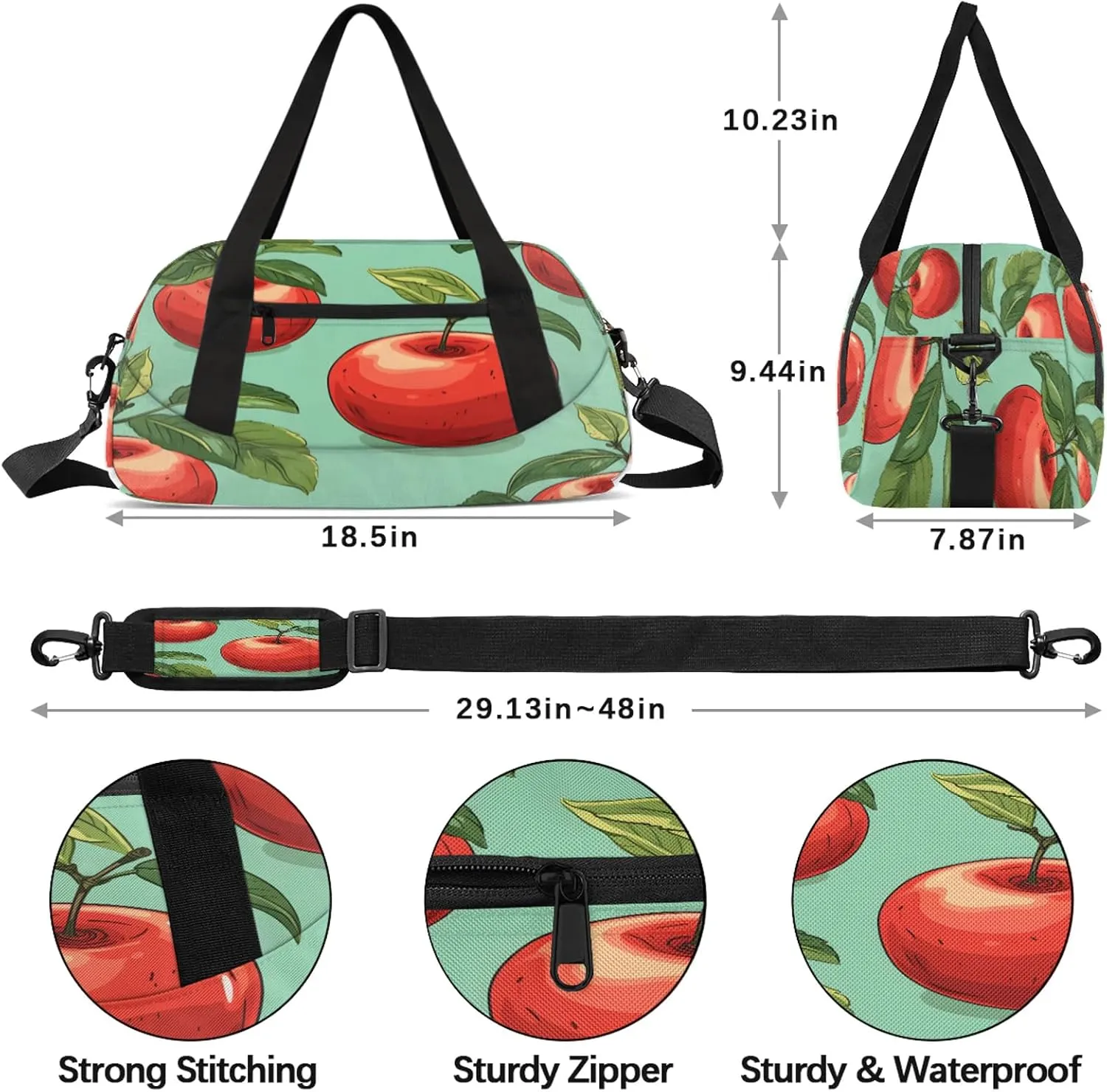 Red Apples Pattern Kids Duffel Bag Lightweight Waterproof Sports Gym Bag with Front Zipper Pocket Foldable Weekender Overnight Bag for School Practice Gymnastic Ballet