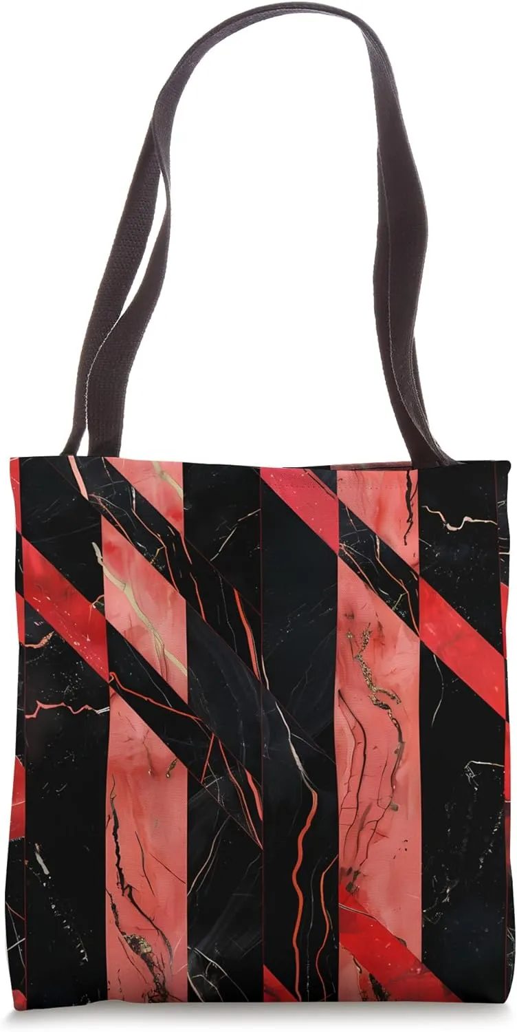 Red Art Deco Striped Bizarre Marble Pattern Tote Bag