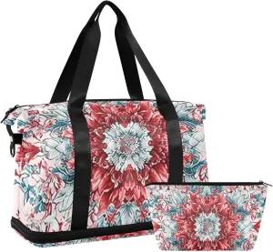 Red Boho Floral Flowers Chinese Duffel Bags Carry On Tote Bag with Toiletry Bag for Yoga Waterproof