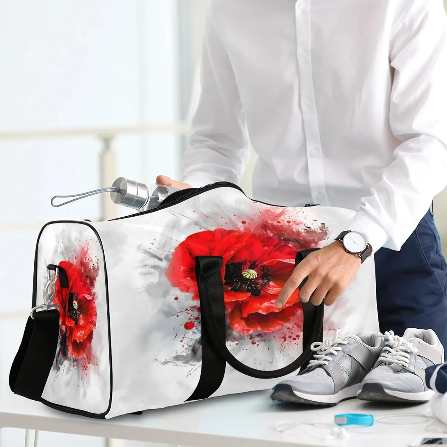 Red Flower Poppy Floral Travel Duffle Bag, Sports Gym Bags for Women Men, Carry On Weekender Overnight Workout Airplane Trips Bag