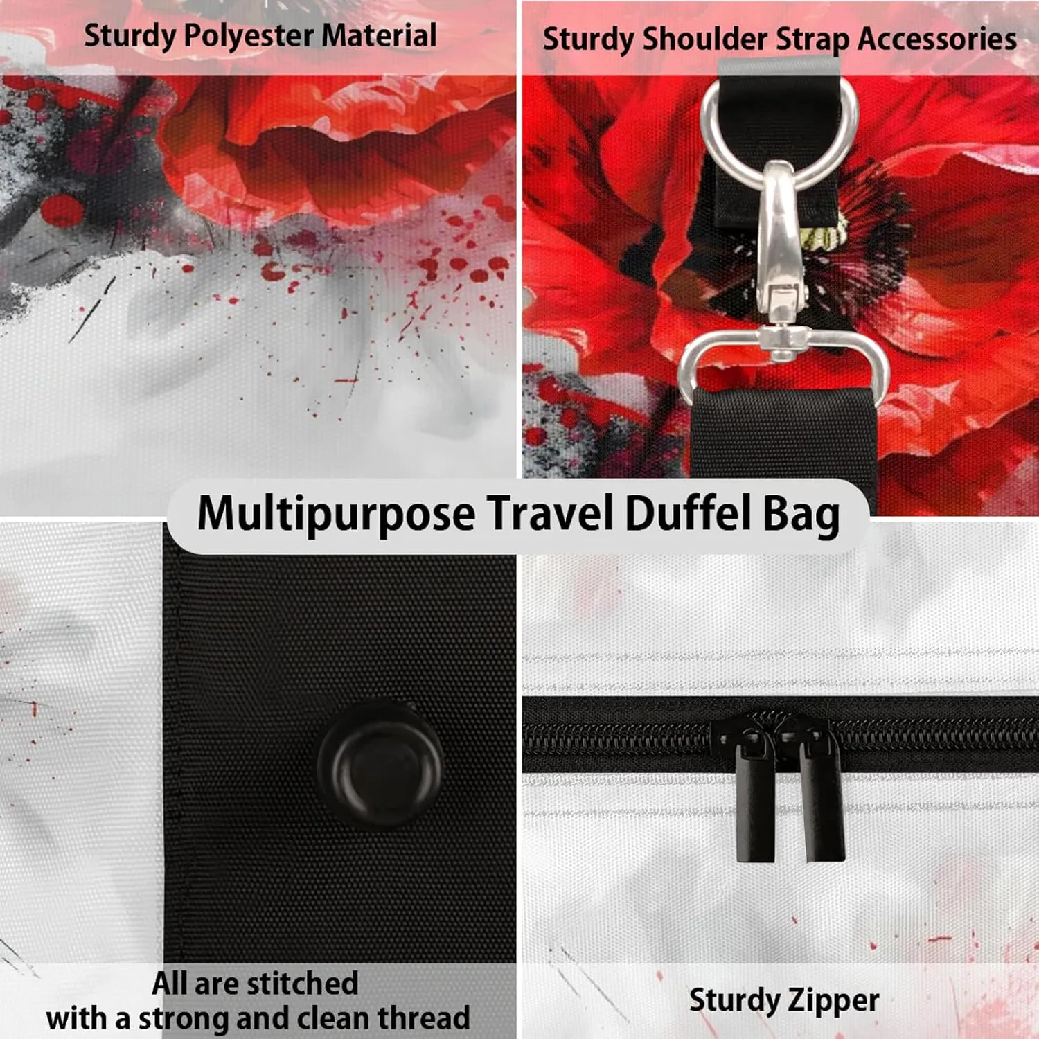 Red Flower Poppy Floral Travel Duffle Bag, Sports Gym Bags for Women Men, Carry On Weekender Overnight Workout Airplane Trips Bag