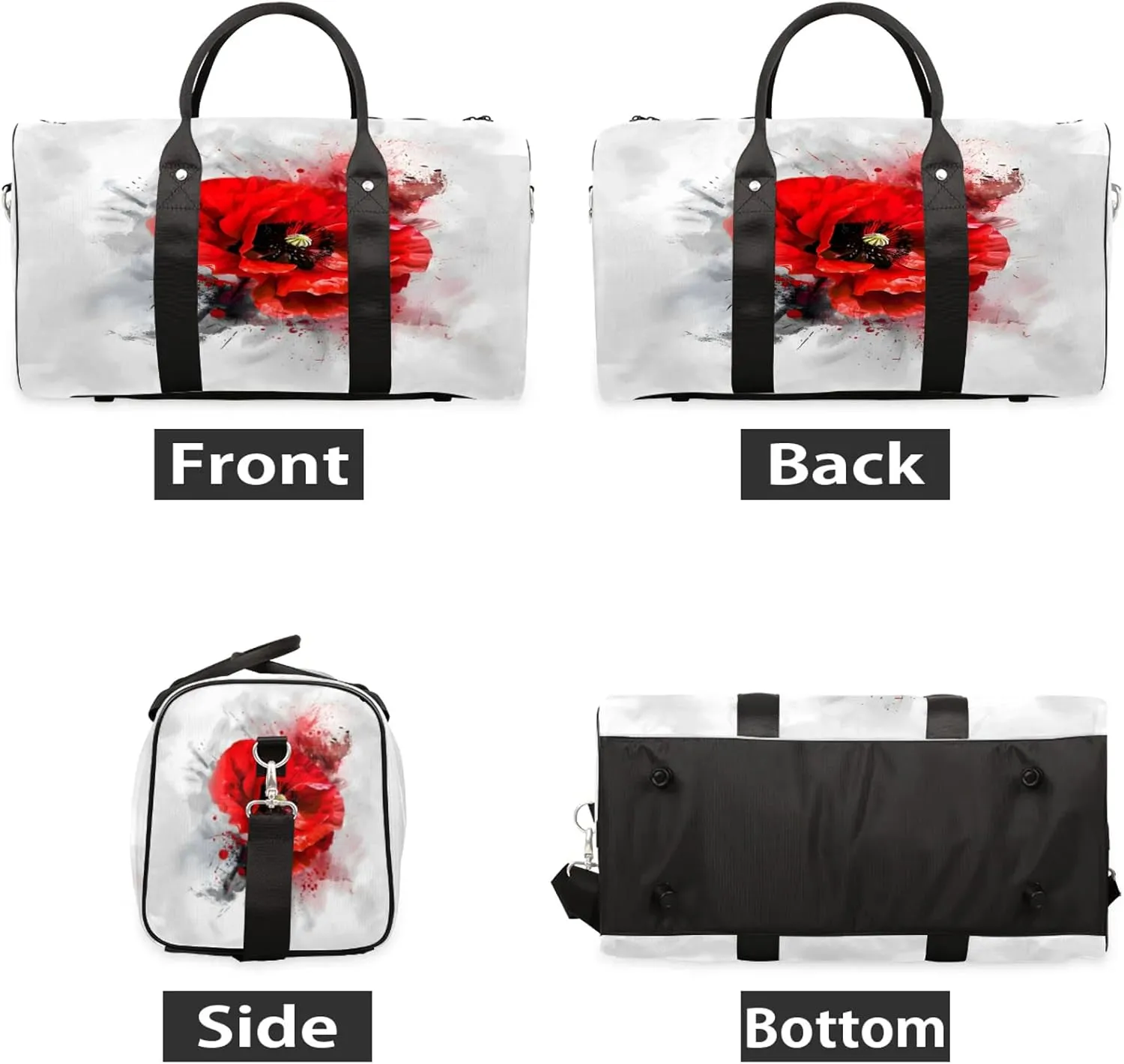 Red Flower Poppy Floral Travel Duffle Bag, Sports Gym Bags for Women Men, Carry On Weekender Overnight Workout Airplane Trips Bag