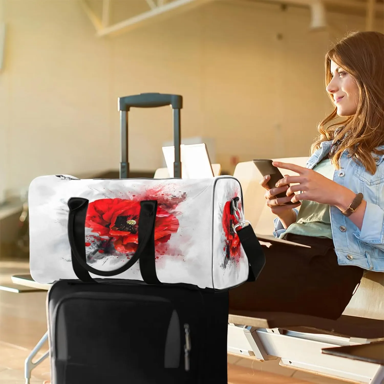 Red Flower Poppy Floral Travel Duffle Bag, Sports Gym Bags for Women Men, Carry On Weekender Overnight Workout Airplane Trips Bag