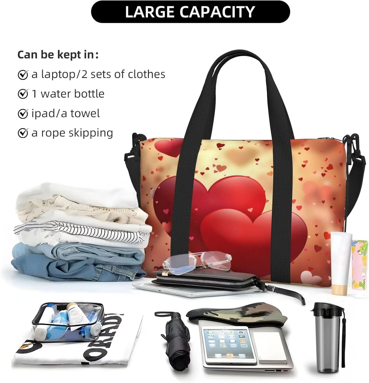 Red Hearts Floral Travel Duffel Bags for Women Men, Sports Training Gym Bag Dance Bag with Adjustable Shoulder Strap Valentine's Day Weekender Overnight Bag