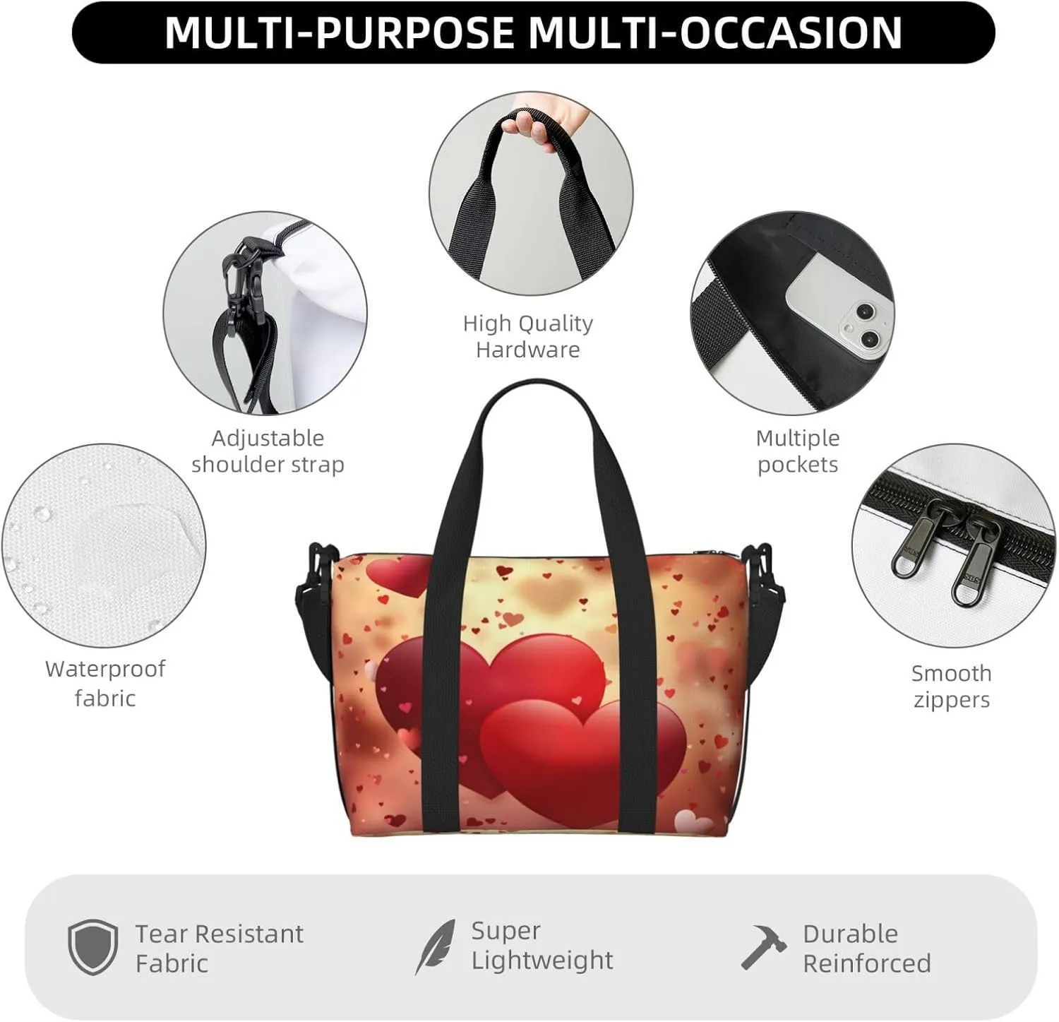 Red Hearts Floral Travel Duffel Bags for Women Men, Sports Training Gym Bag Dance Bag with Adjustable Shoulder Strap Valentine's Day Weekender Overnight Bag
