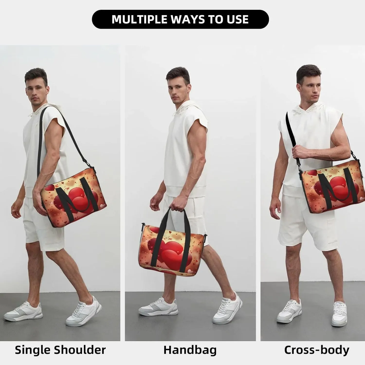 Red Hearts Floral Travel Duffel Bags for Women Men, Sports Training Gym Bag Dance Bag with Adjustable Shoulder Strap Valentine's Day Weekender Overnight Bag
