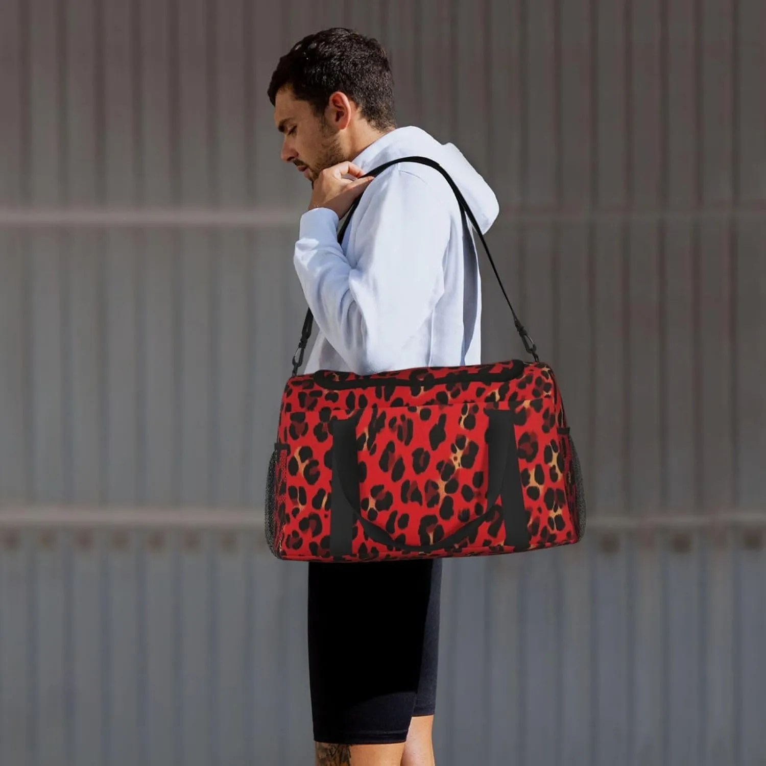 Red Leopard Print Skin Duffle Bag Foldable Travel Tote Bag Carry On Large Weekender Overnight Bags Waterproof Gym Bag For Women Men