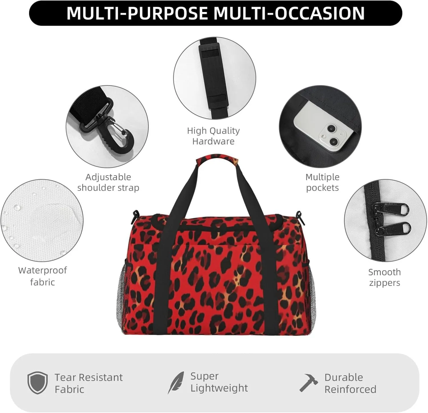 Red Leopard Print Skin Duffle Bag Foldable Travel Tote Bag Carry On Large Weekender Overnight Bags Waterproof Gym Bag For Women Men
