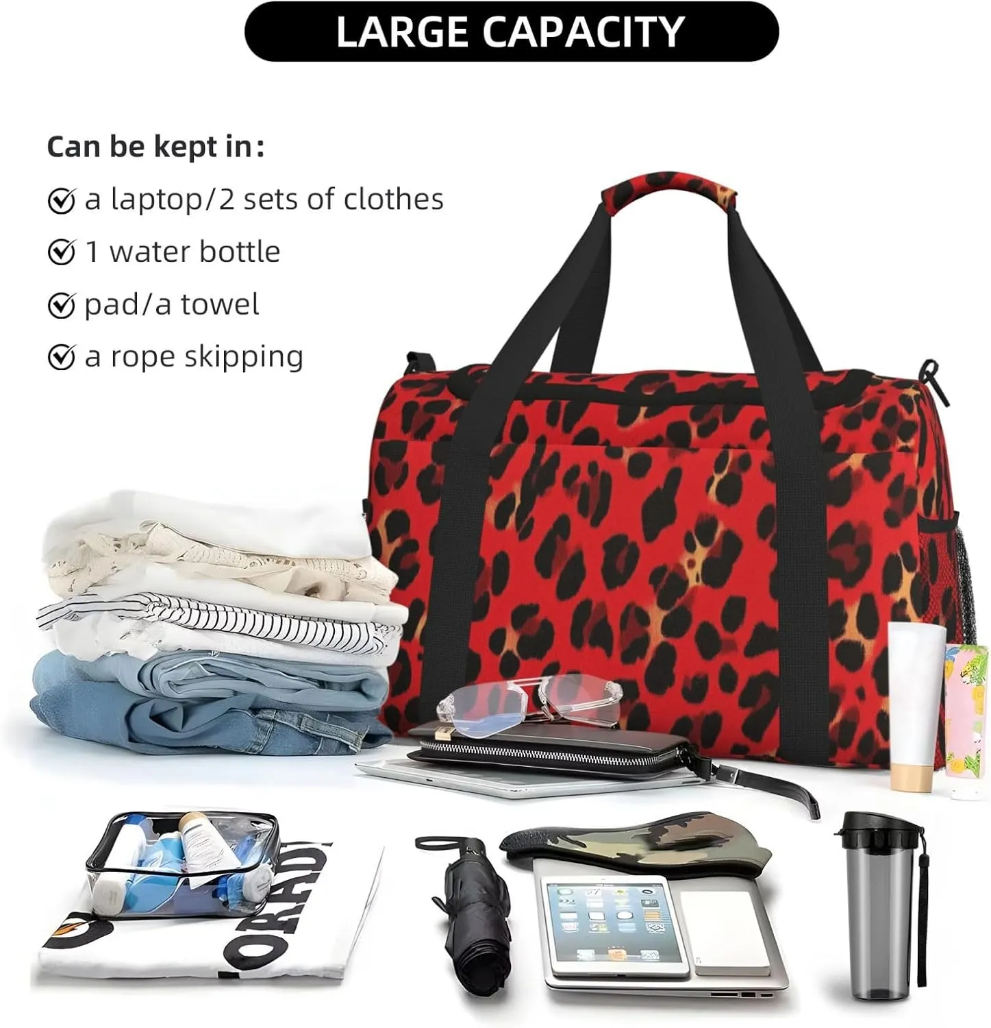 Red Leopard Print Skin Duffle Bag Foldable Travel Tote Bag Carry On Large Weekender Overnight Bags Waterproof Gym Bag For Women Men