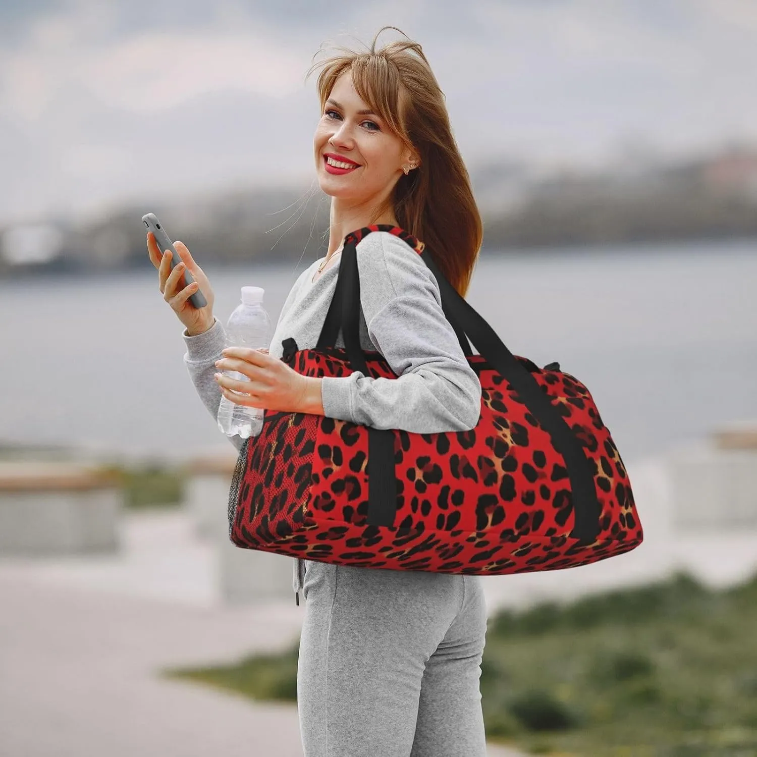 Red Leopard Print Skin Duffle Bag Foldable Travel Tote Bag Carry On Large Weekender Overnight Bags Waterproof Gym Bag For Women Men