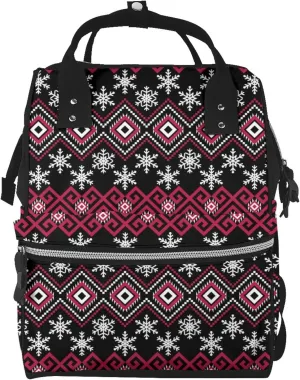 Red Minimalist Snowflake Pattern Mummy Diaper Bag Backpack Durable Maternity Baby Nappy Casual Shoulder Bags Travel Hiking Outdoor Pack