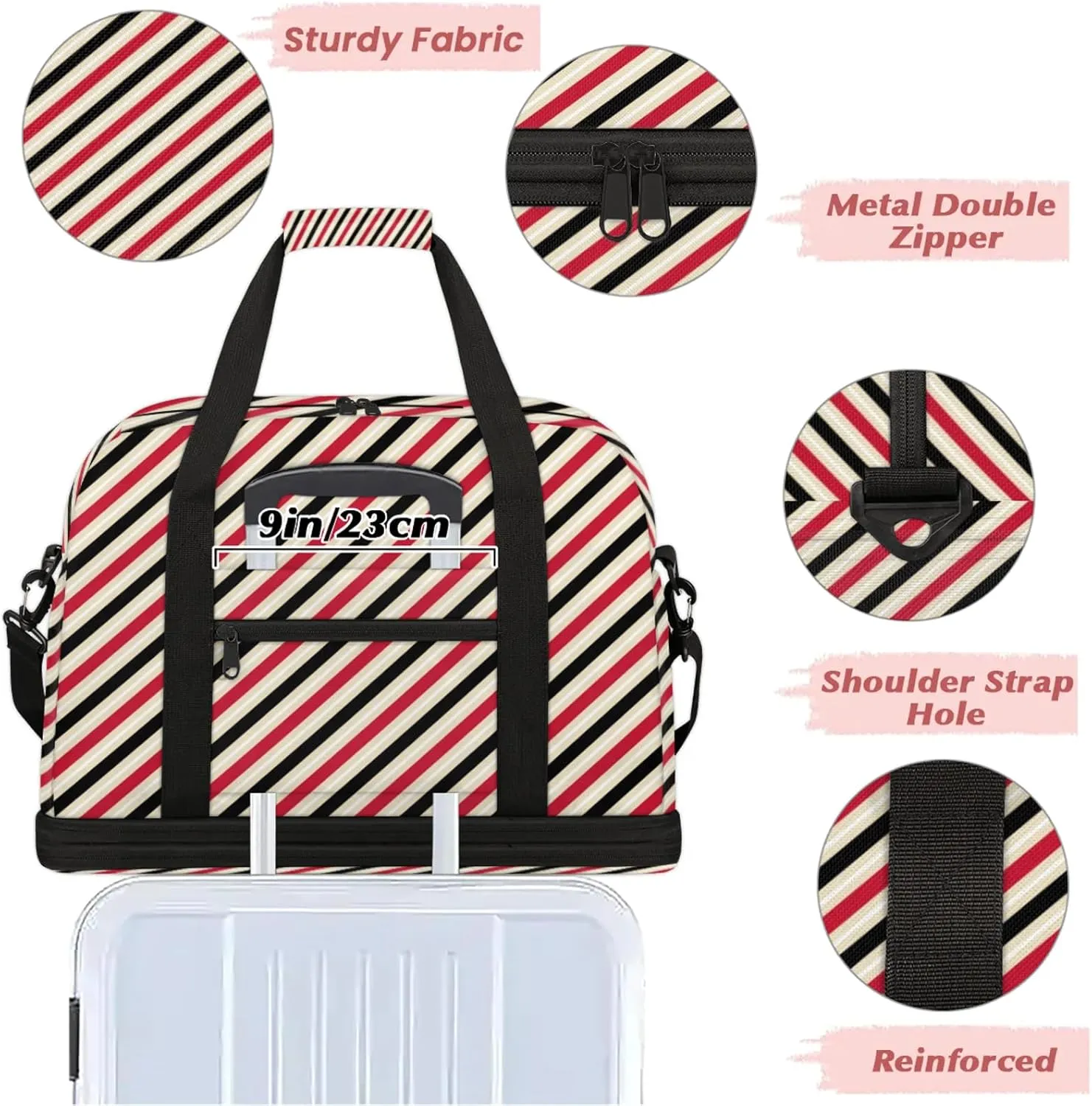 Red Plaid Stripes Travel Duffel Bags for Women & Men Large Sports Gym Bags Foldie Weekender Overnight Bag Carry On Tote Bag With Shoe Compartment Personal Item Luggage for Travel Sports Gym