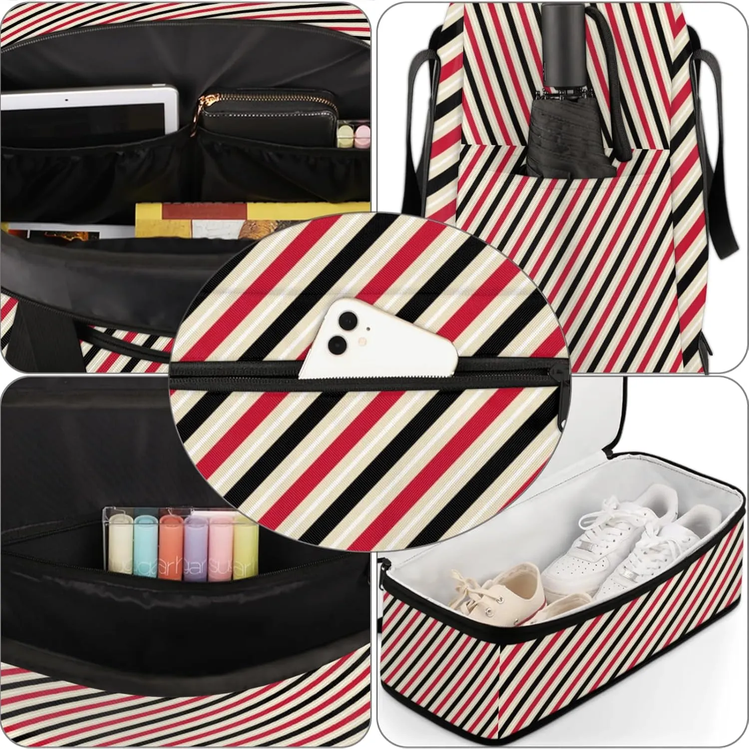 Red Plaid Stripes Travel Duffel Bags for Women & Men Large Sports Gym Bags Foldie Weekender Overnight Bag Carry On Tote Bag With Shoe Compartment Personal Item Luggage for Travel Sports Gym