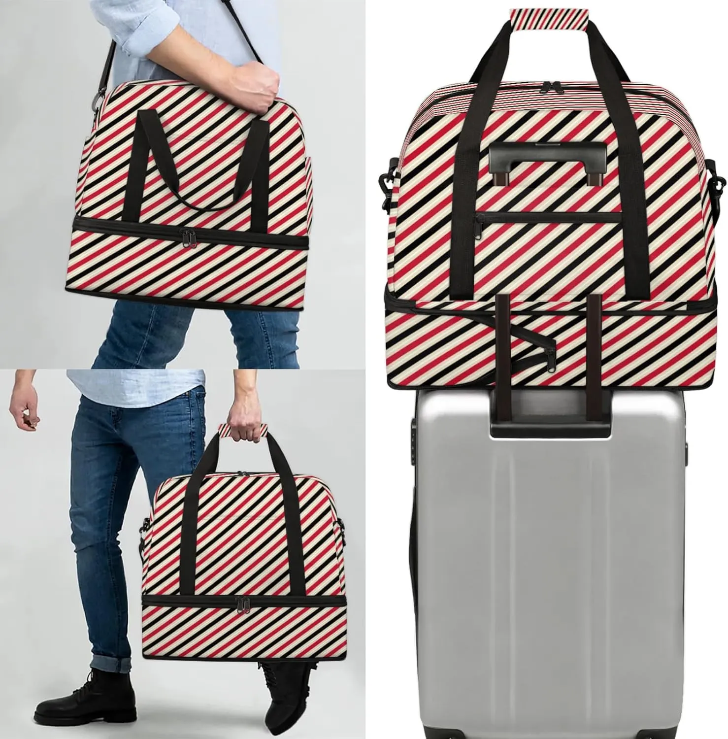 Red Plaid Stripes Travel Duffel Bags for Women & Men Large Sports Gym Bags Foldie Weekender Overnight Bag Carry On Tote Bag With Shoe Compartment Personal Item Luggage for Travel Sports Gym