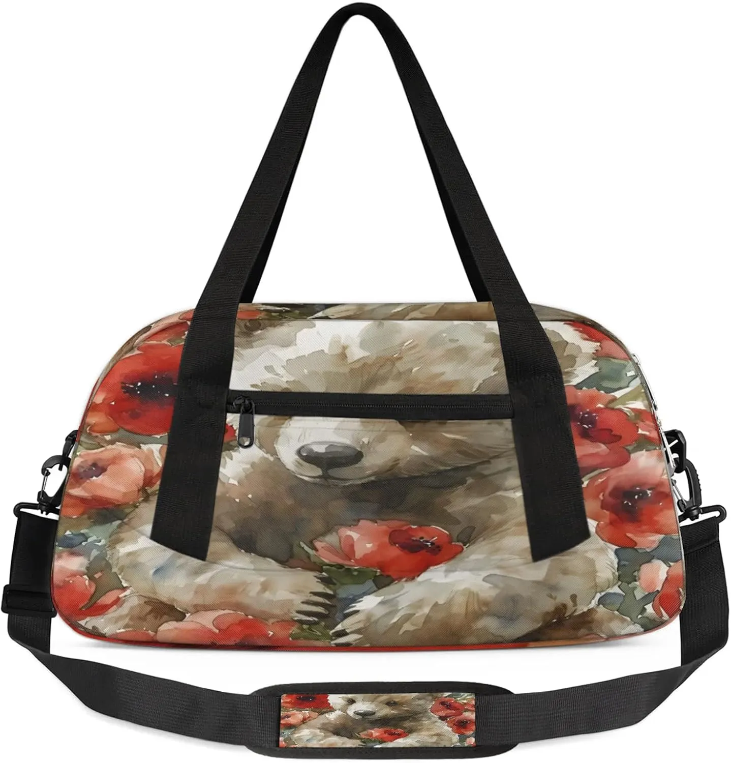 Red Rose Bear Kids Duffel Bag Lightweight Waterproof Sports Gym Bag with Front Zipper Pocket Foldable Weekender Overnight Bag for School Practice Gymnastic Ballet