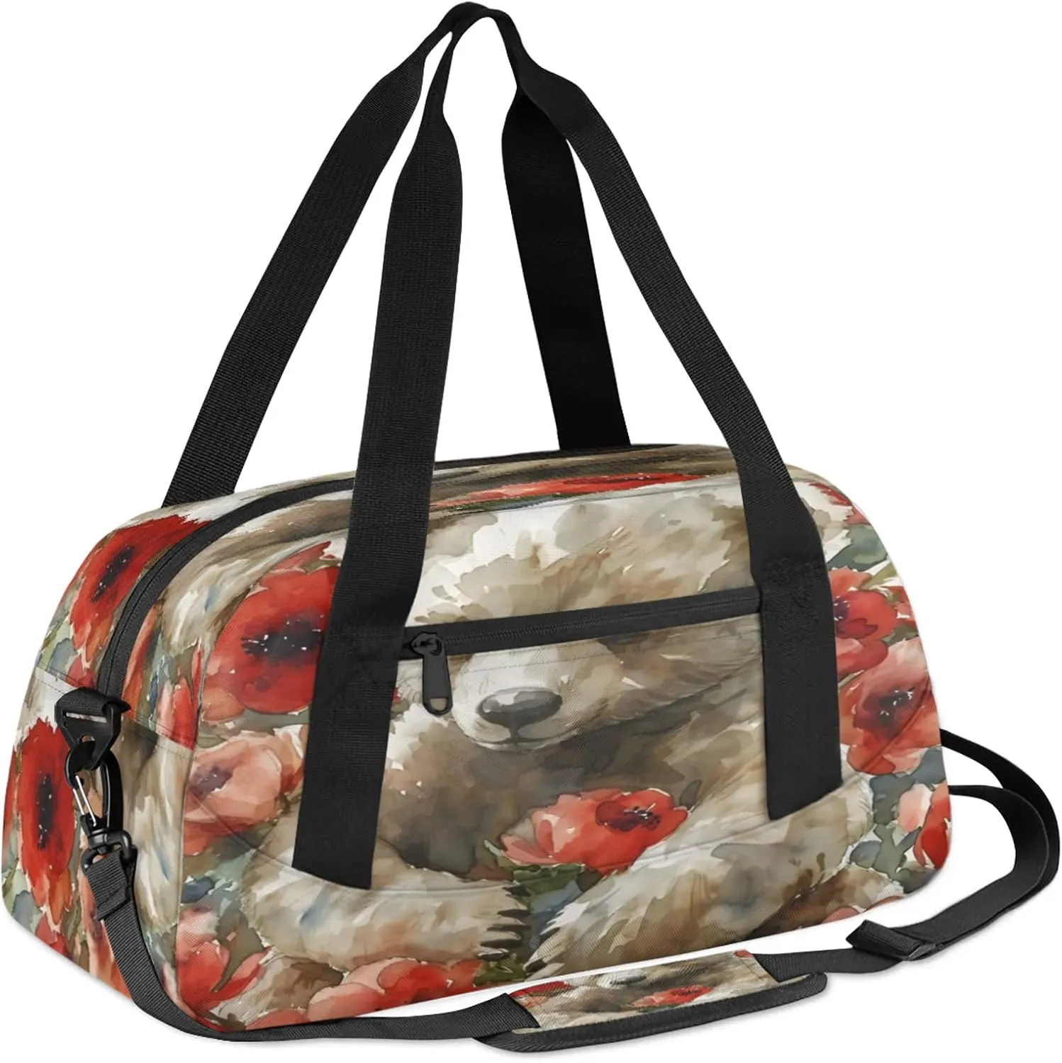 Red Rose Bear Kids Duffel Bag Lightweight Waterproof Sports Gym Bag with Front Zipper Pocket Foldable Weekender Overnight Bag for School Practice Gymnastic Ballet