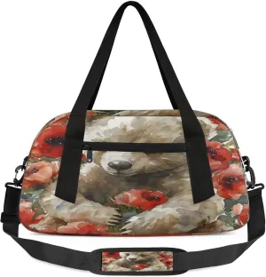 Red Rose Bear Kids Duffel Bag Lightweight Waterproof Sports Gym Bag with Front Zipper Pocket Foldable Weekender Overnight Bag for School Practice Gymnastic Ballet